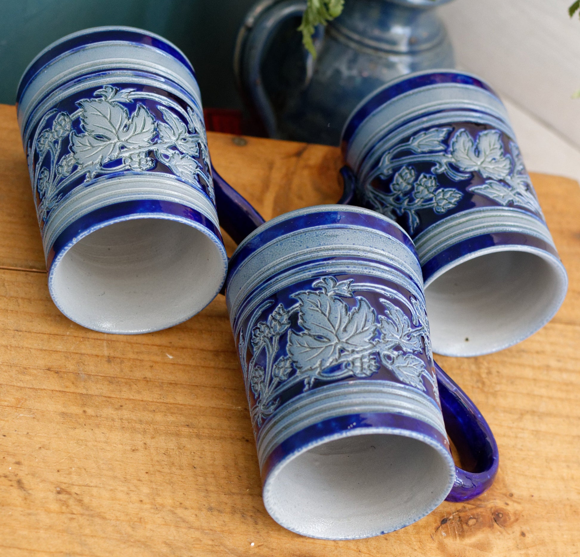 Gres d'Alsace Krumeich Remmy BETSCHDORF Glazed Stoneware Beer Mugs Steins in Cobalt Blue Chope à Bière Leaves & Grapes