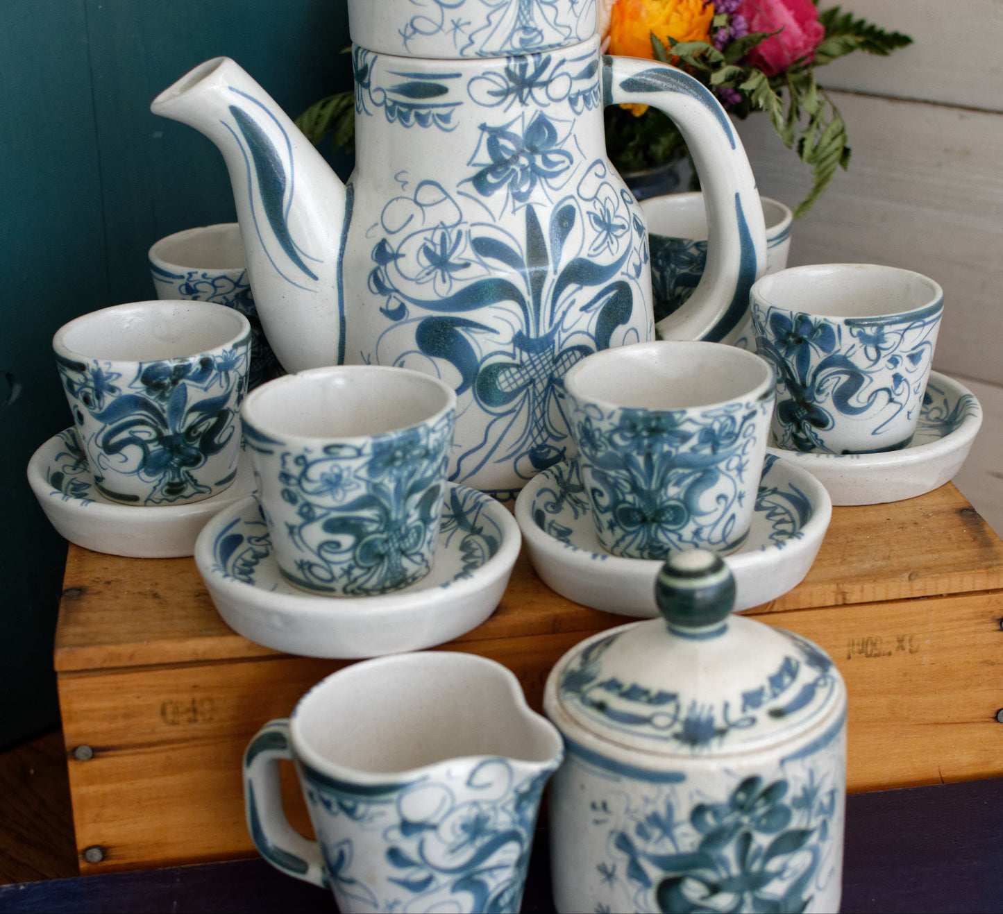KERALUC Quimper French Vintage Breton Handmade Glazed Stoneware Coffee Tea Service Faïencerie of Kéraluc Earthenware Artist Signed