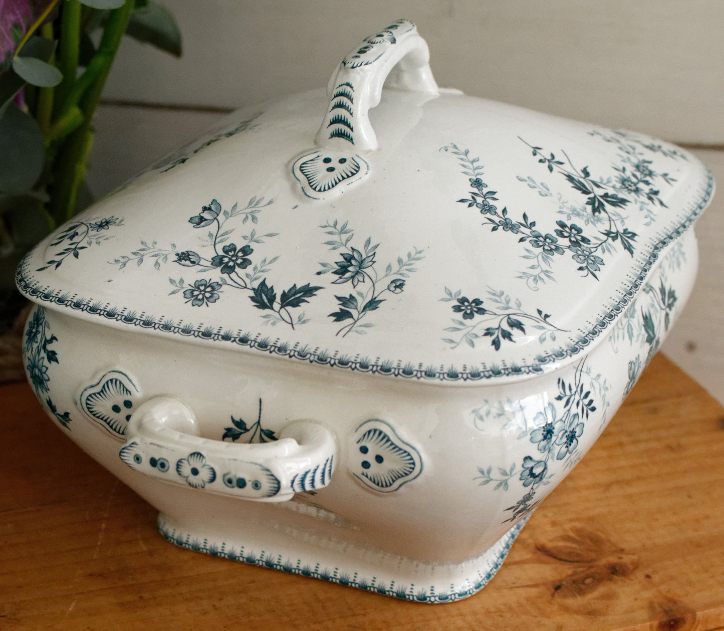 DUGAZON Motif Boch Freres Keramis (BFK) Belgian Antique Ironstone Blue Transferware Soup Tureen Terre de Fer en faience