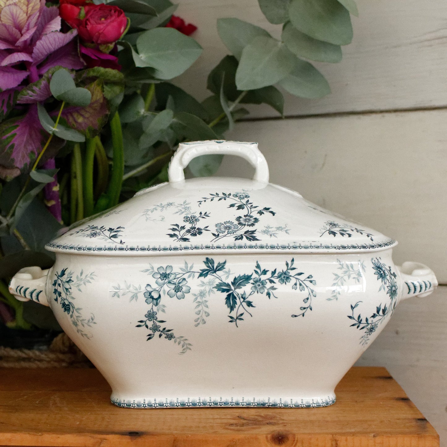 DUGAZON Motif Boch Freres Keramis (BFK) Belgian Antique Ironstone Blue Transferware Soup Tureen Terre de Fer en faience