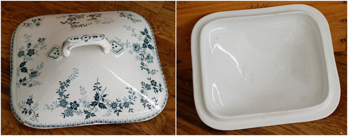 DUGAZON Motif Boch Freres Keramis (BFK) Belgian Antique Ironstone Blue Transferware Soup Tureen Terre de Fer en faience