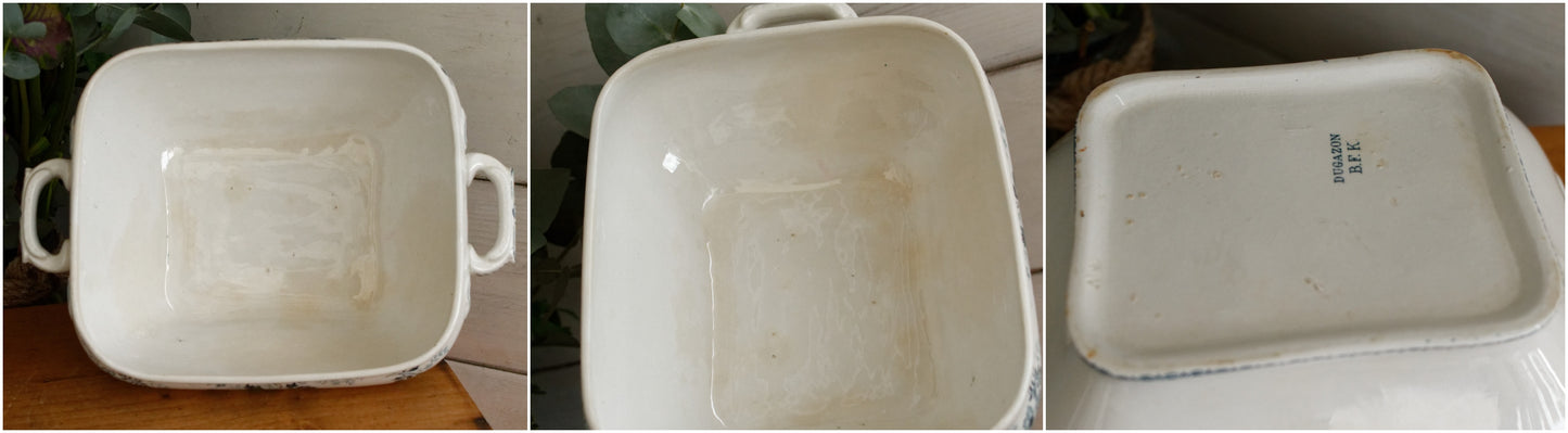 DUGAZON Motif Boch Freres Keramis (BFK) Belgian Antique Ironstone Blue Transferware Soup Tureen Terre de Fer en faience