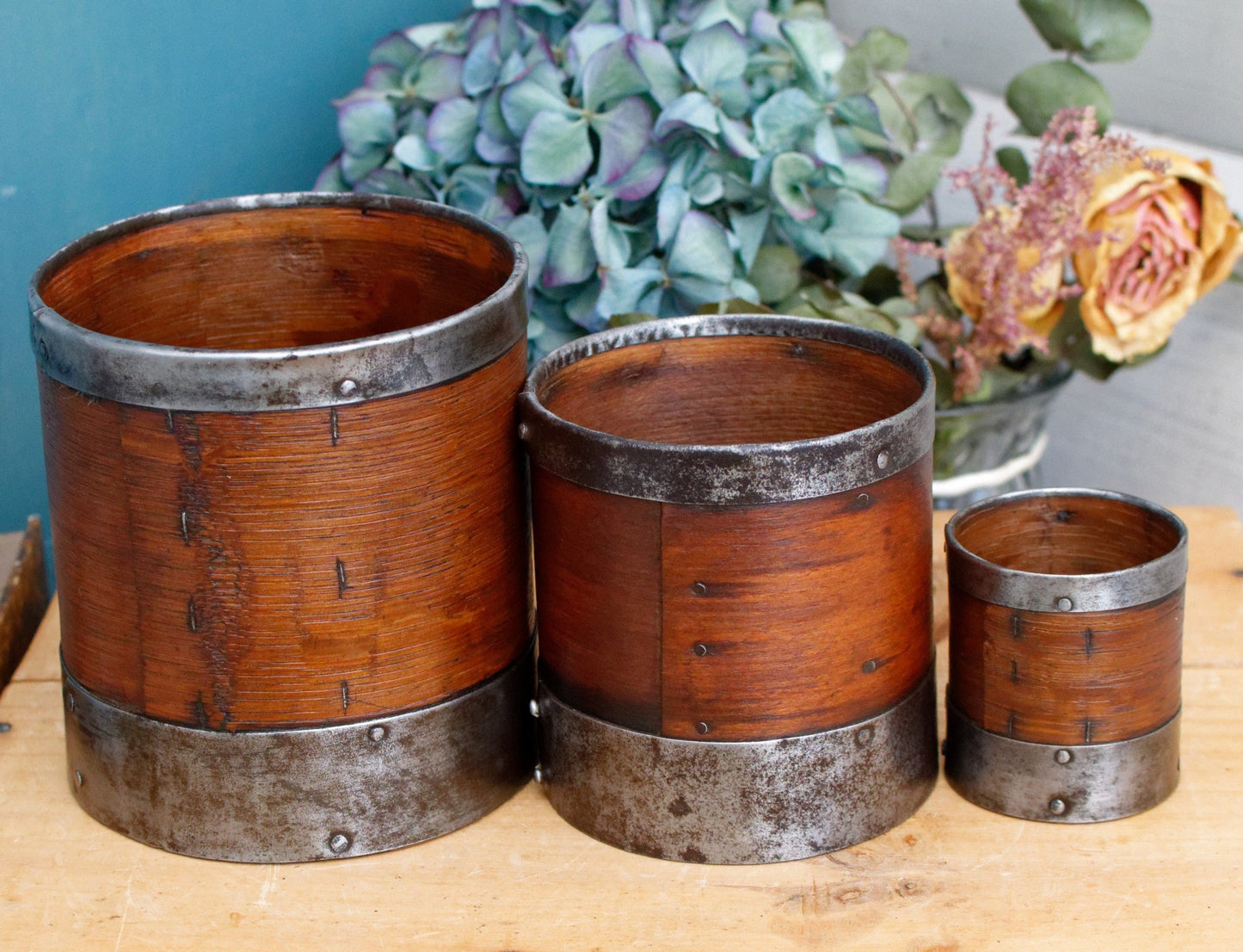 French Antique Wooden Bentwood Grain Measuring Cups Canisters Desrues Litre, Décilitre & Demi Déciltre