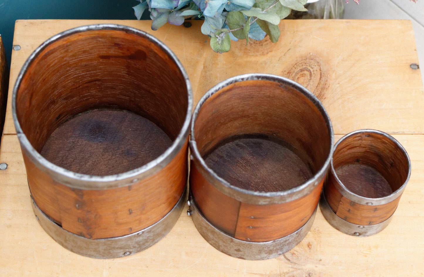 French Antique Wooden Bentwood Grain Measuring Cups Canisters Desrues Litre, Décilitre & Demi Déciltre