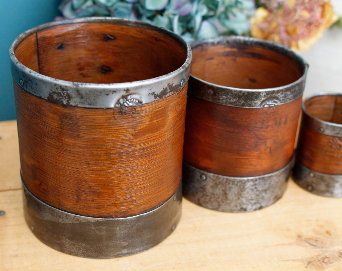 French Antique Wooden Bentwood Grain Measuring Cups Canisters Desrues Litre, Décilitre & Demi Déciltre