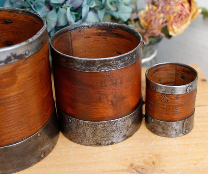 French Antique Wooden Bentwood Grain Measuring Cups Canisters Desrues Litre, Décilitre & Demi Déciltre