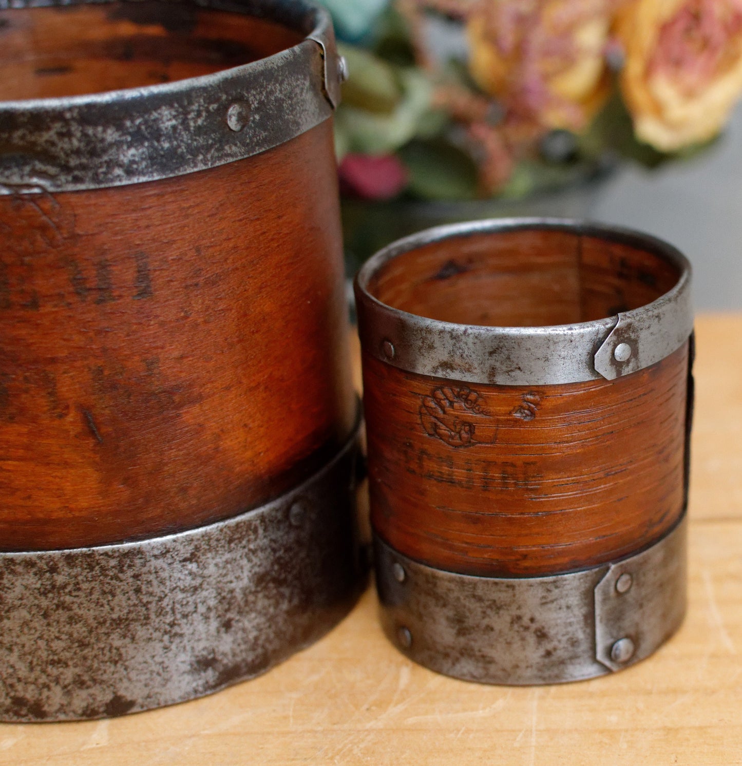 French Antique Wooden Bentwood Grain Measuring Cups Canisters Desrues Litre, Décilitre & Demi Déciltre