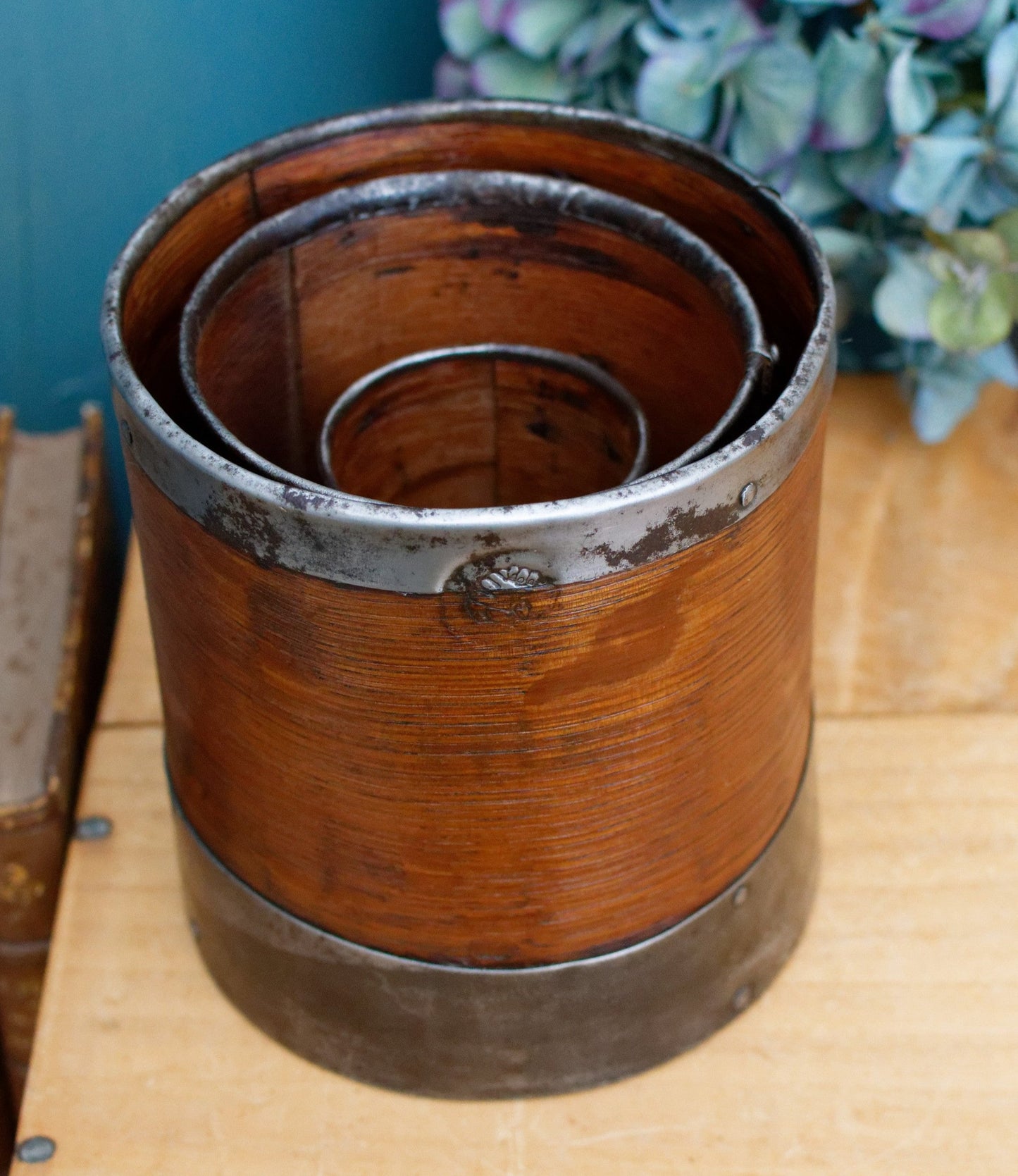 French Antique Wooden Bentwood Grain Measuring Cups Canisters Desrues Litre, Décilitre & Demi Déciltre