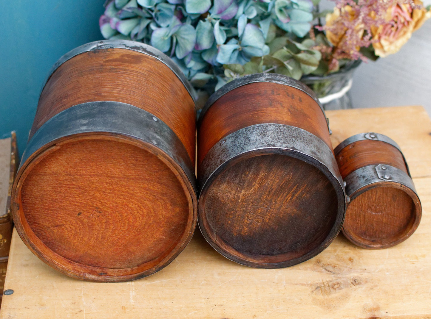 French Antique Wooden Bentwood Grain Measuring Cups Canisters Desrues Litre, Décilitre & Demi Déciltre