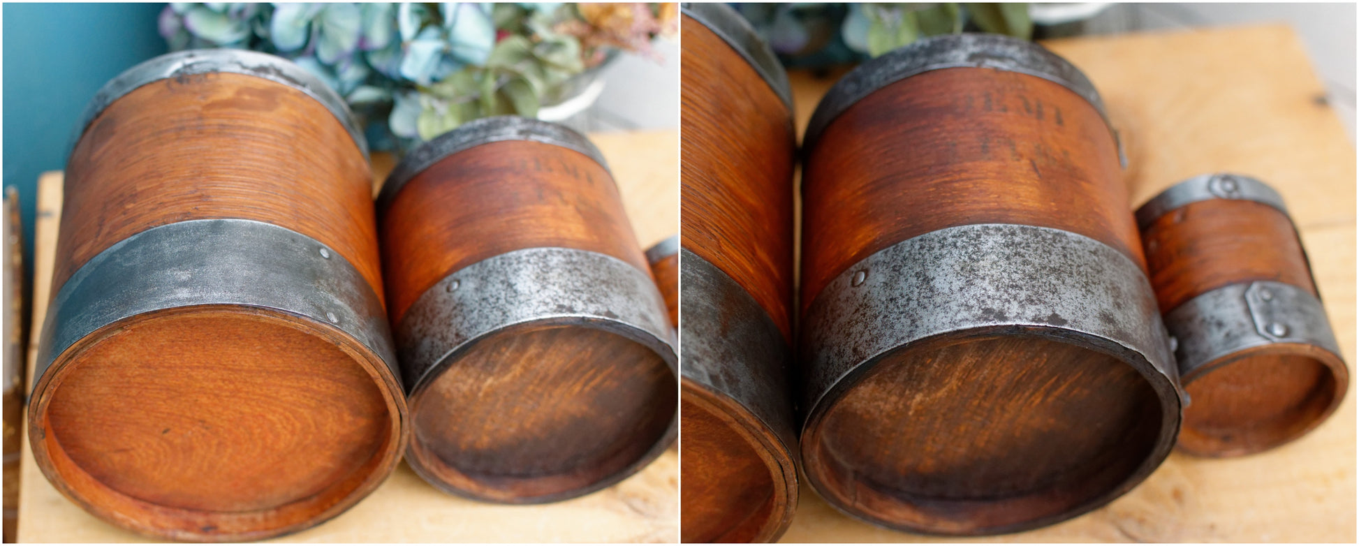 French Antique Wooden Bentwood Grain Measuring Cups Canisters Desrues Litre, Décilitre & Demi Déciltre