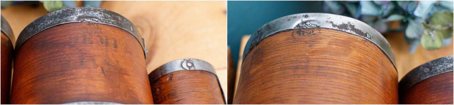 French Antique Wooden Bentwood Grain Measuring Cups Canisters Desrues Litre, Décilitre & Demi Déciltre