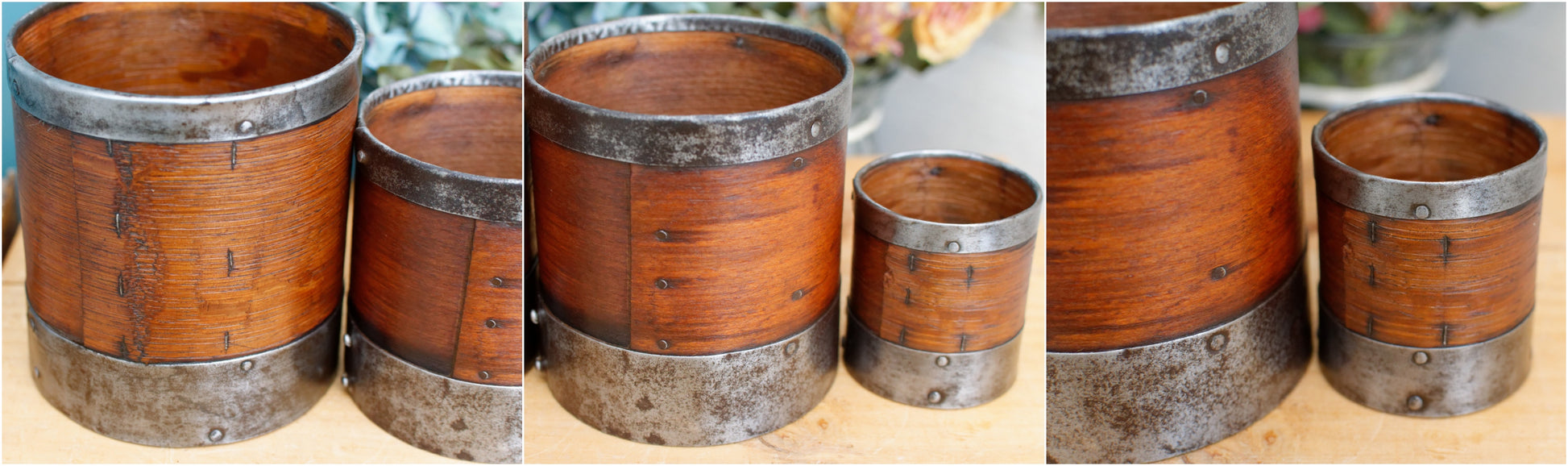 French Antique Wooden Bentwood Grain Measuring Cups Canisters Desrues Litre, Décilitre & Demi Déciltre