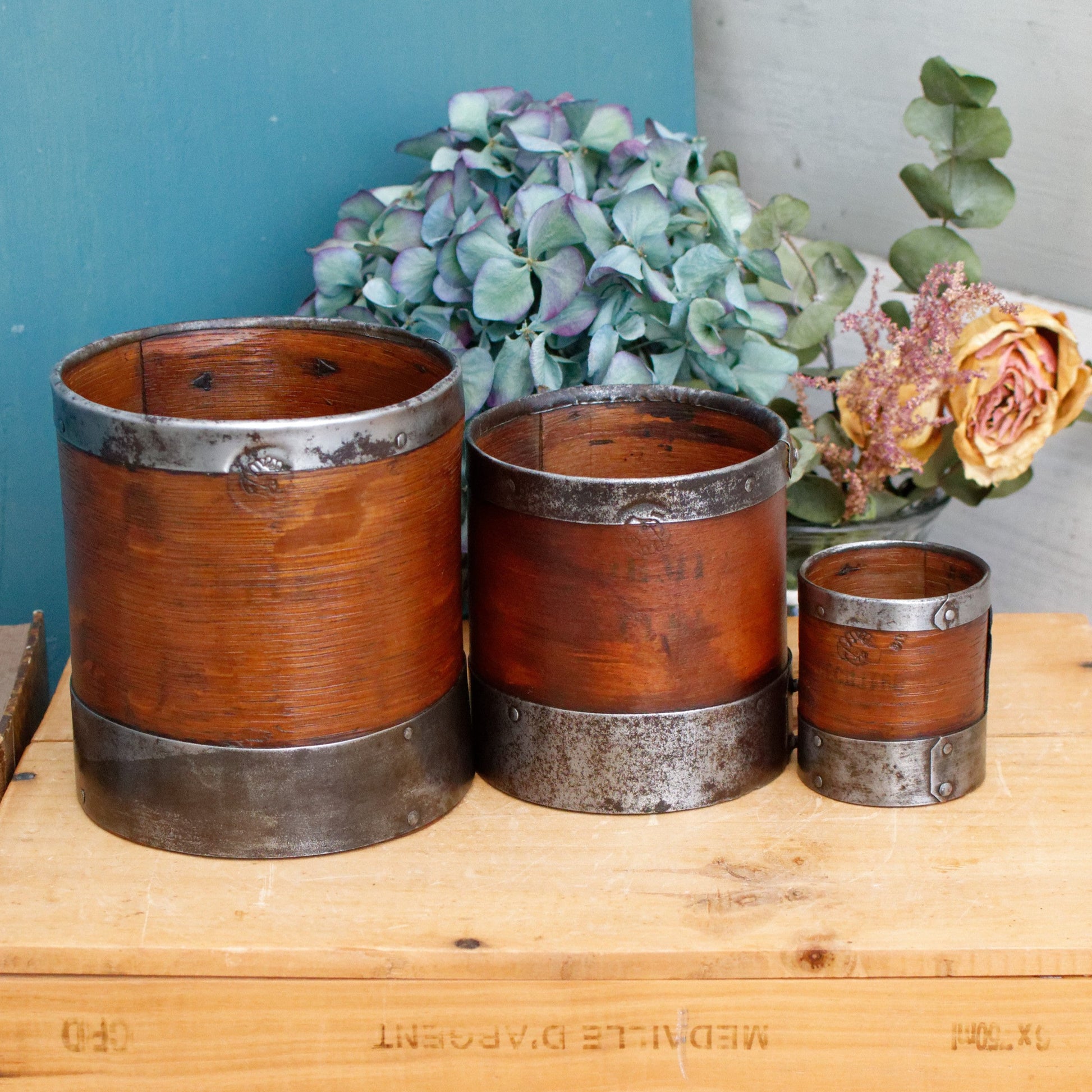 French Antique Wooden Bentwood Grain Measuring Cups Canisters Desrues Litre, Décilitre & Demi Déciltre