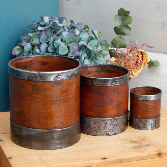 French Antique Wooden Bentwood Grain Measuring Cups Canisters Desrues Litre, Décilitre & Demi Déciltre