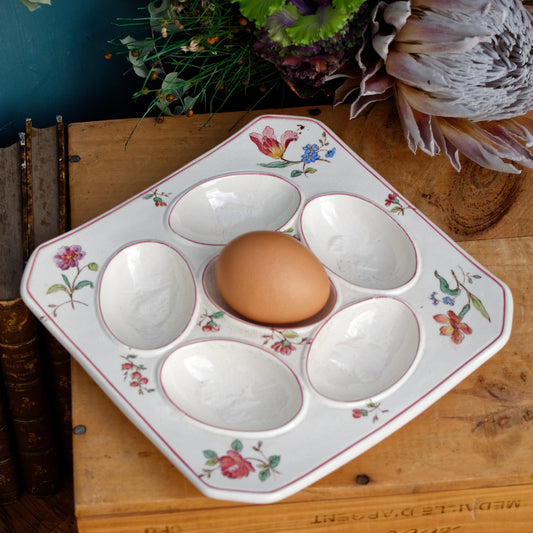 French Antique Ironstone Square Serving Dish Plate for Devilled (hard boiled) Eggs  - LONGCHAMP Terre de fer - Presentation oeufs a la coque et Plat a Oeufs Dur Mimosa faience avec saliere et poivriere