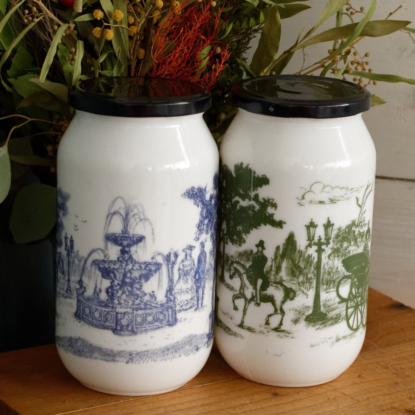 Belgian Vintage Collectible Milk Glass Opaline DEVOS LEMMONS (D&L) Large Storage Jars with Rustic Scenes