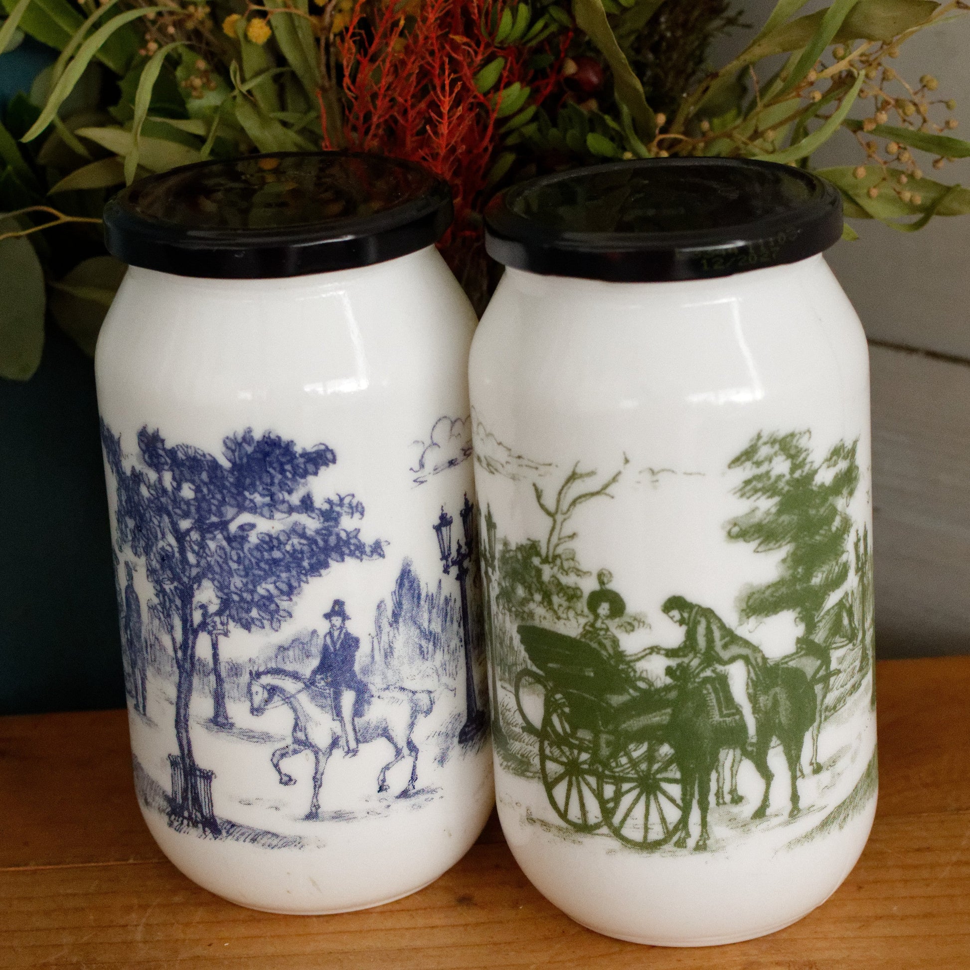 Belgian Vintage Collectible Milk Glass Opaline DEVOS LEMMONS (D&L) Large Storage Jars with Rustic Scenes