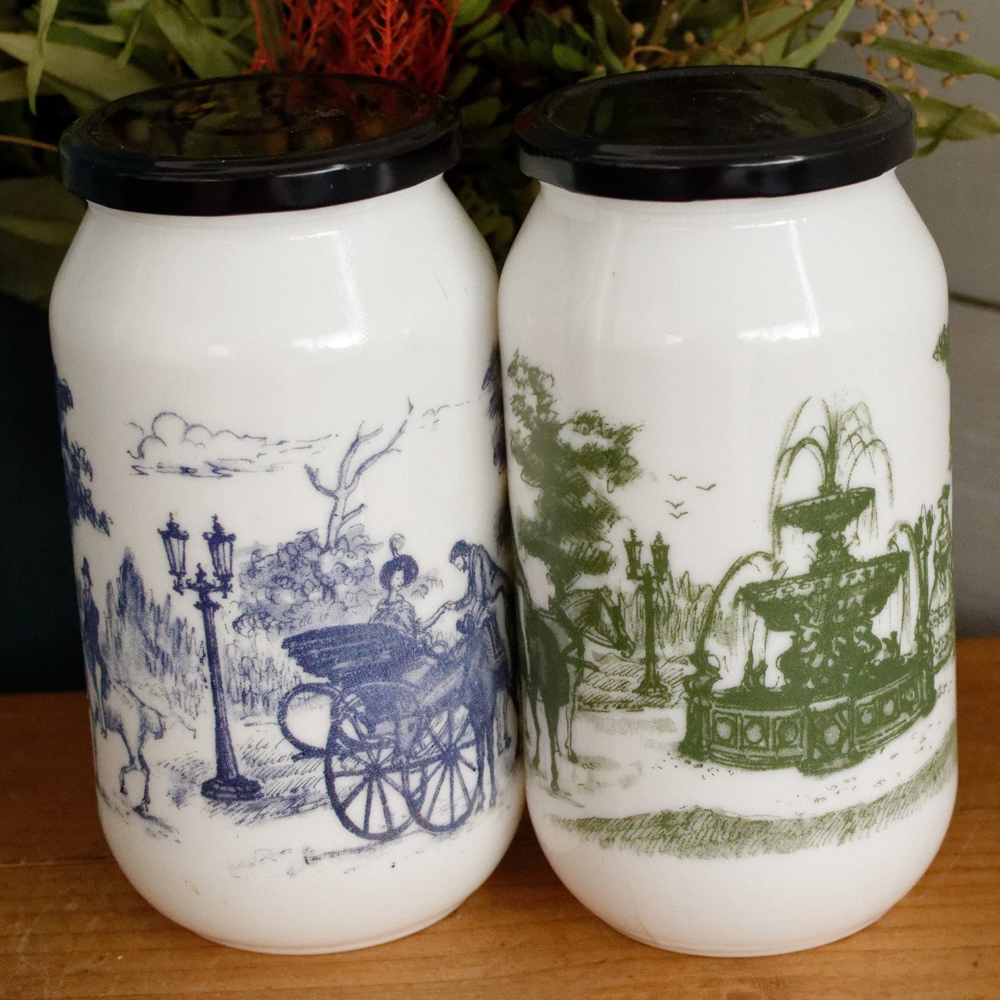 Belgian Vintage Collectible Milk Glass Opaline DEVOS LEMMONS (D&L) Large Storage Jars with Rustic Scenes