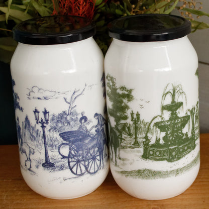 Belgian Vintage Collectible Milk Glass Opaline DEVOS LEMMONS (D&L) Large Storage Jars with Rustic Scenes