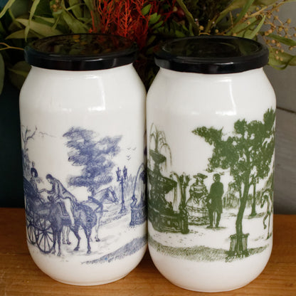 Belgian Vintage Collectible Milk Glass Opaline DEVOS LEMMONS (D&L) Large Storage Jars with Rustic Scenes
