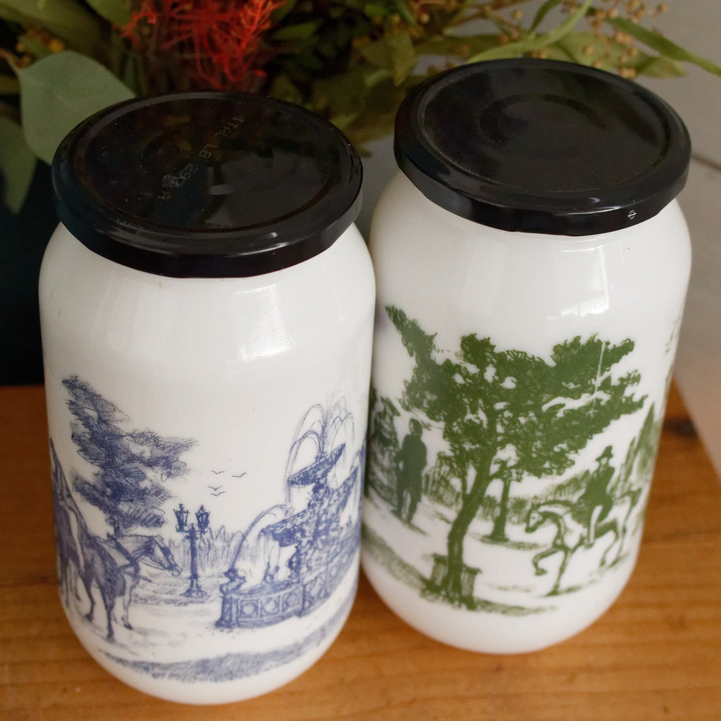 Belgian Vintage Collectible Milk Glass Opaline DEVOS LEMMONS (D&L) Large Storage Jars with Rustic Scenes