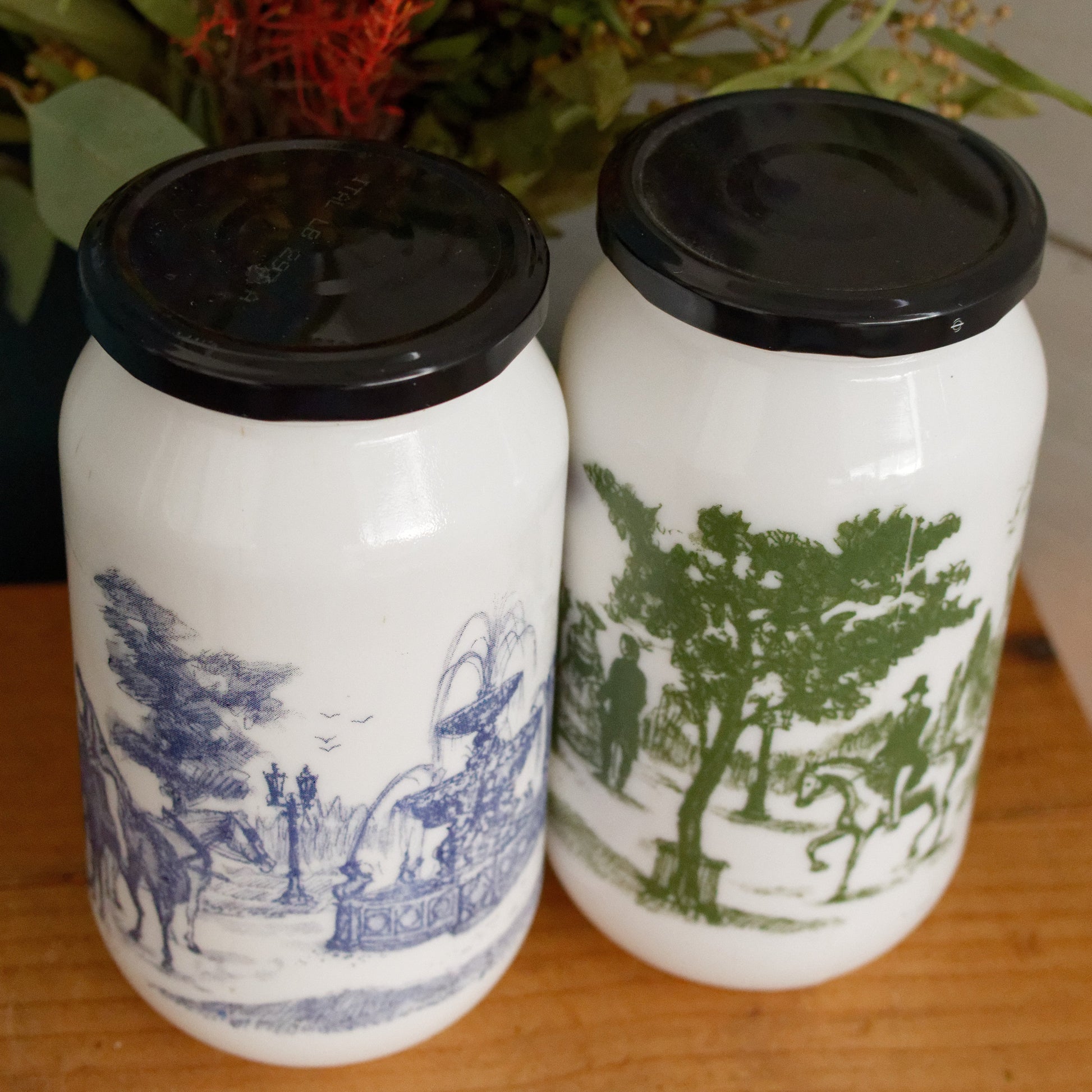 Belgian Vintage Collectible Milk Glass Opaline DEVOS LEMMONS (D&L) Large Storage Jars with Rustic Scenes