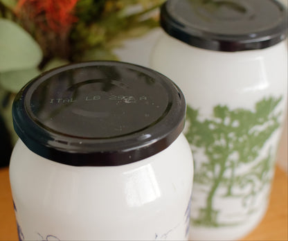 Belgian Vintage Collectible Milk Glass Opaline DEVOS LEMMONS (D&L) Large Storage Jars with Rustic Scenes