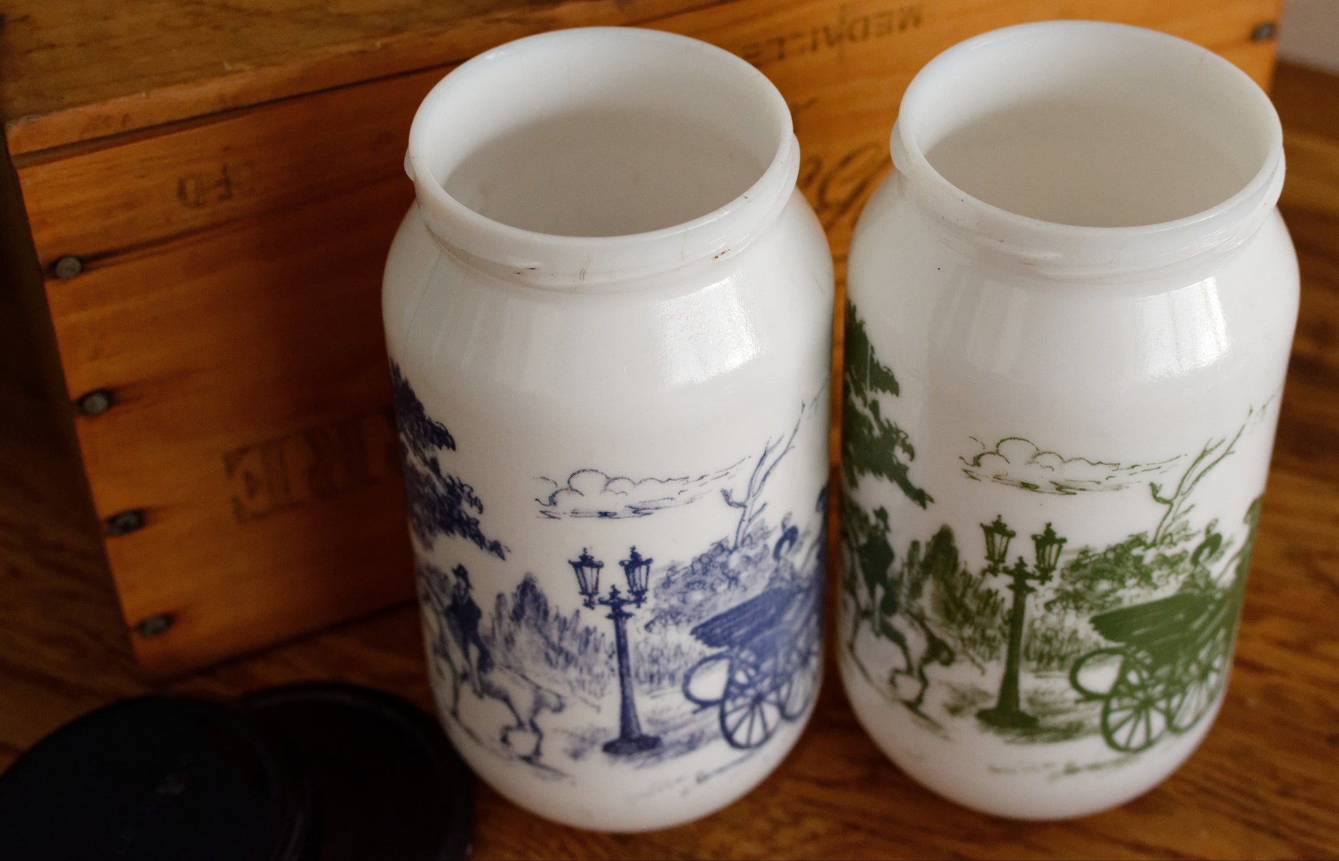 Belgian Vintage Collectible Milk Glass Opaline DEVOS LEMMONS (D&L) Large Storage Jars with Rustic Scenes