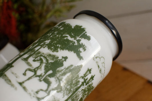 Belgian Vintage Collectible Milk Glass Opaline ~ DEVOS LEMMONS (D&L) ~ Large Storage Jars with Rustic Scenes