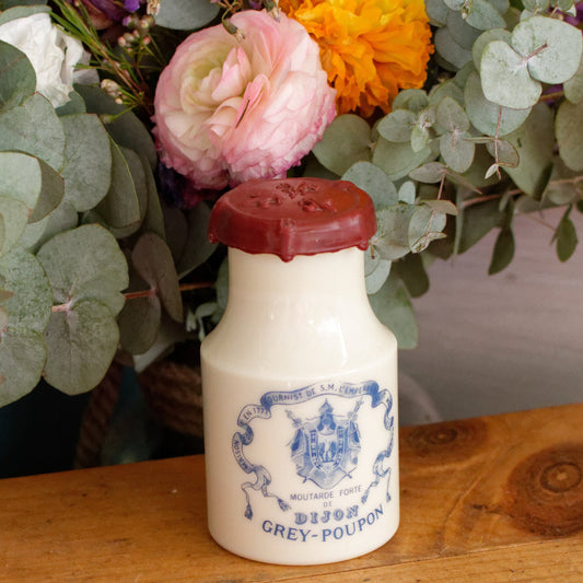 French Vintage Collectible Advertising Milk Glass Opaline Mustard Pot "Pot a Moutarde" Moutarde Forte de DIJON GREY-POUPON Advertising Mustard Jar Made in France