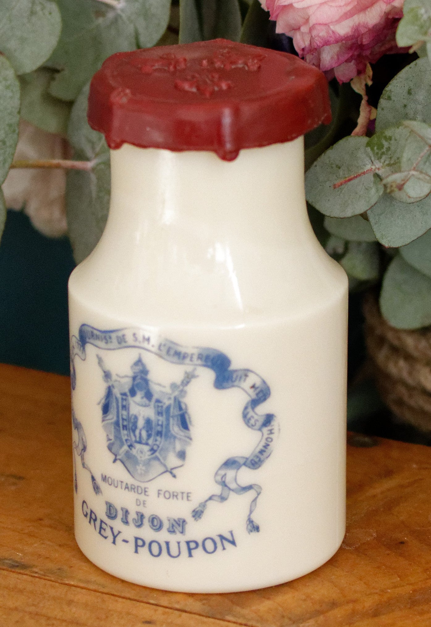 French Vintage Collectible Advertising Milk Glass Opaline Mustard Pot "Pot a Moutarde" Moutarde Forte de DIJON GREY-POUPON Advertising Mustard Jar Made in France