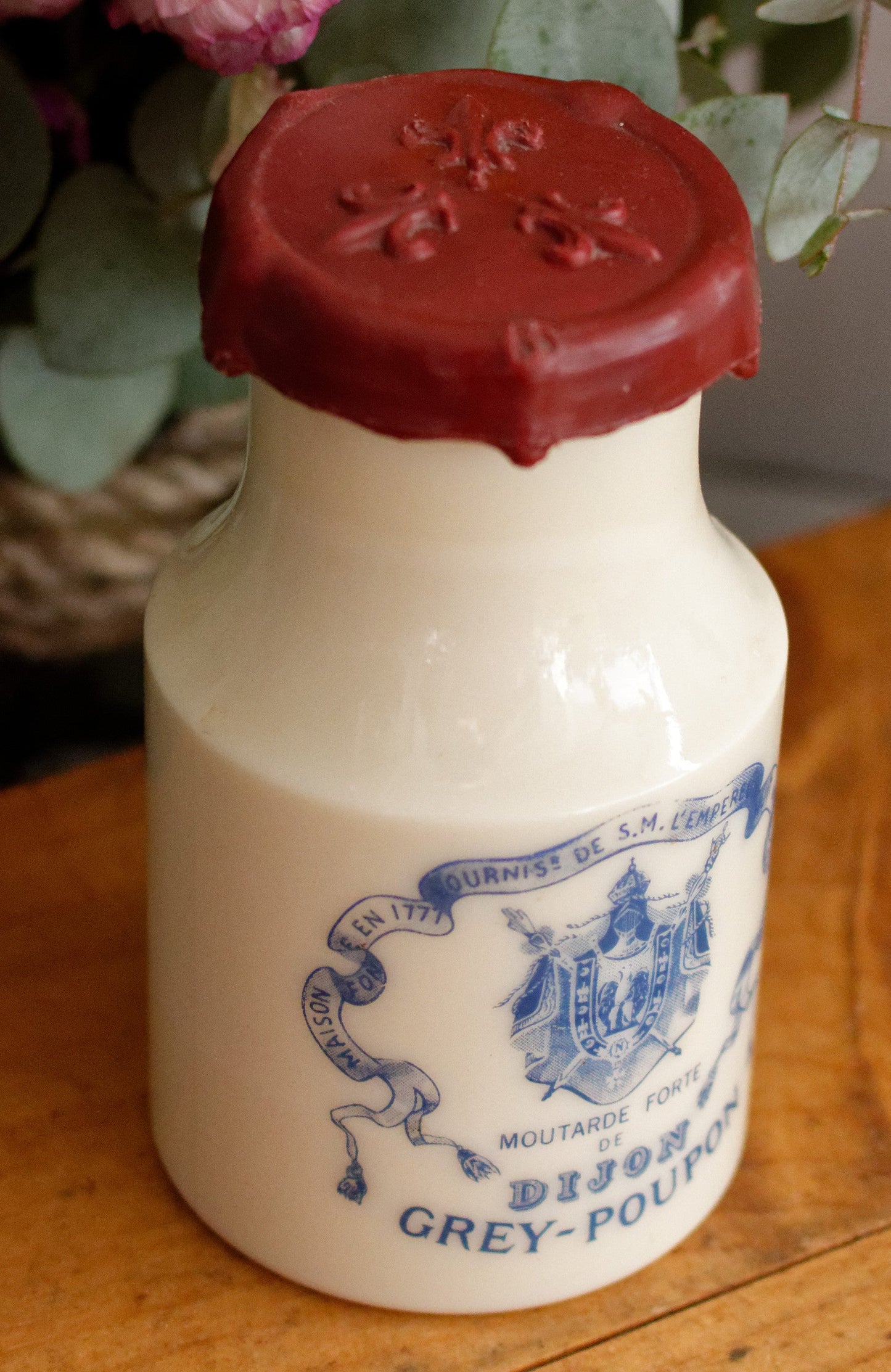 French Vintage Collectible Advertising Milk Glass Opaline Mustard Pot "Pot a Moutarde" Moutarde Forte de DIJON GREY-POUPON Advertising Mustard Jar Made in France