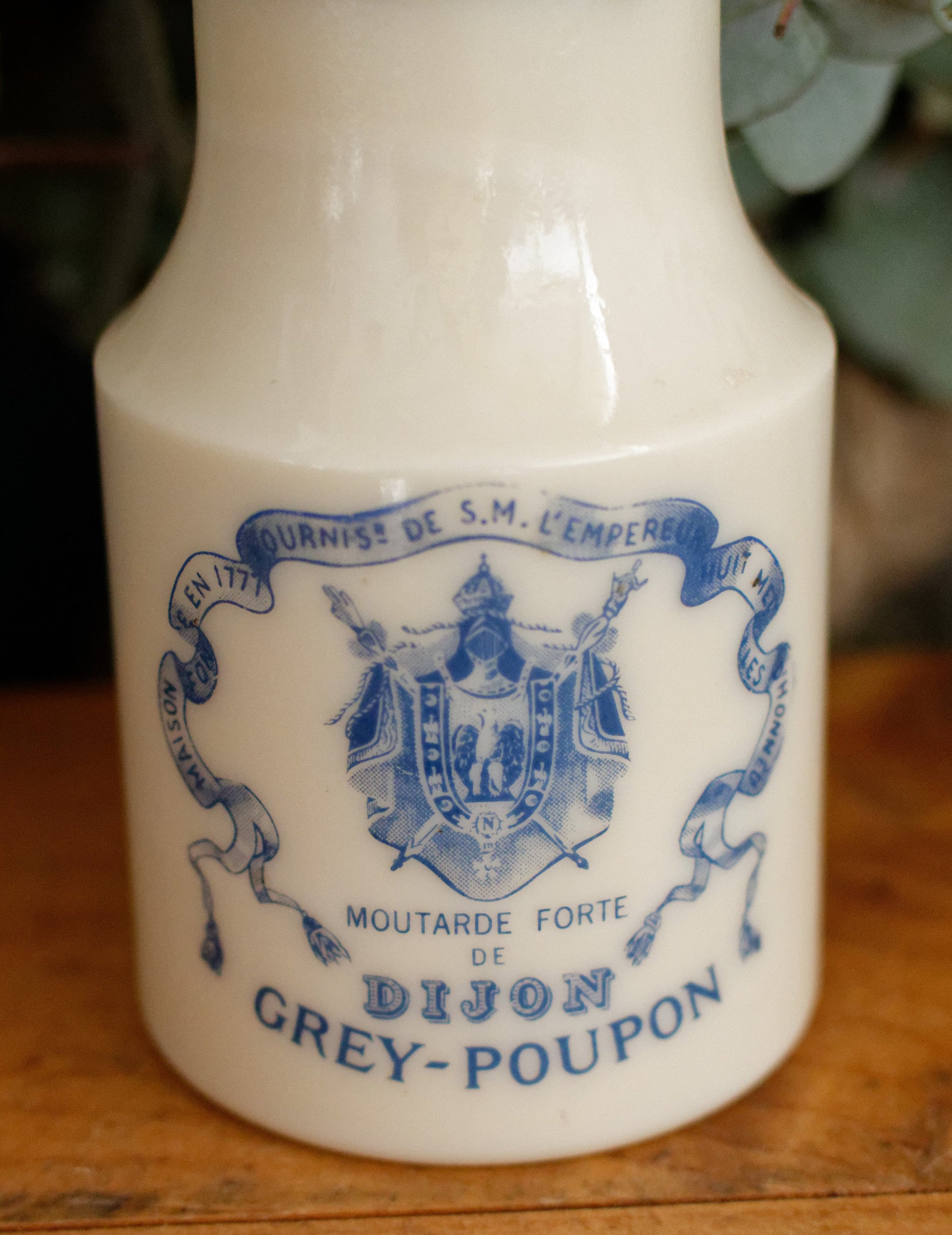 French Vintage Collectible Advertising Milk Glass Opaline Mustard Pot "Pot a Moutarde" Moutarde Forte de DIJON GREY-POUPON Advertising Mustard Jar Made in France