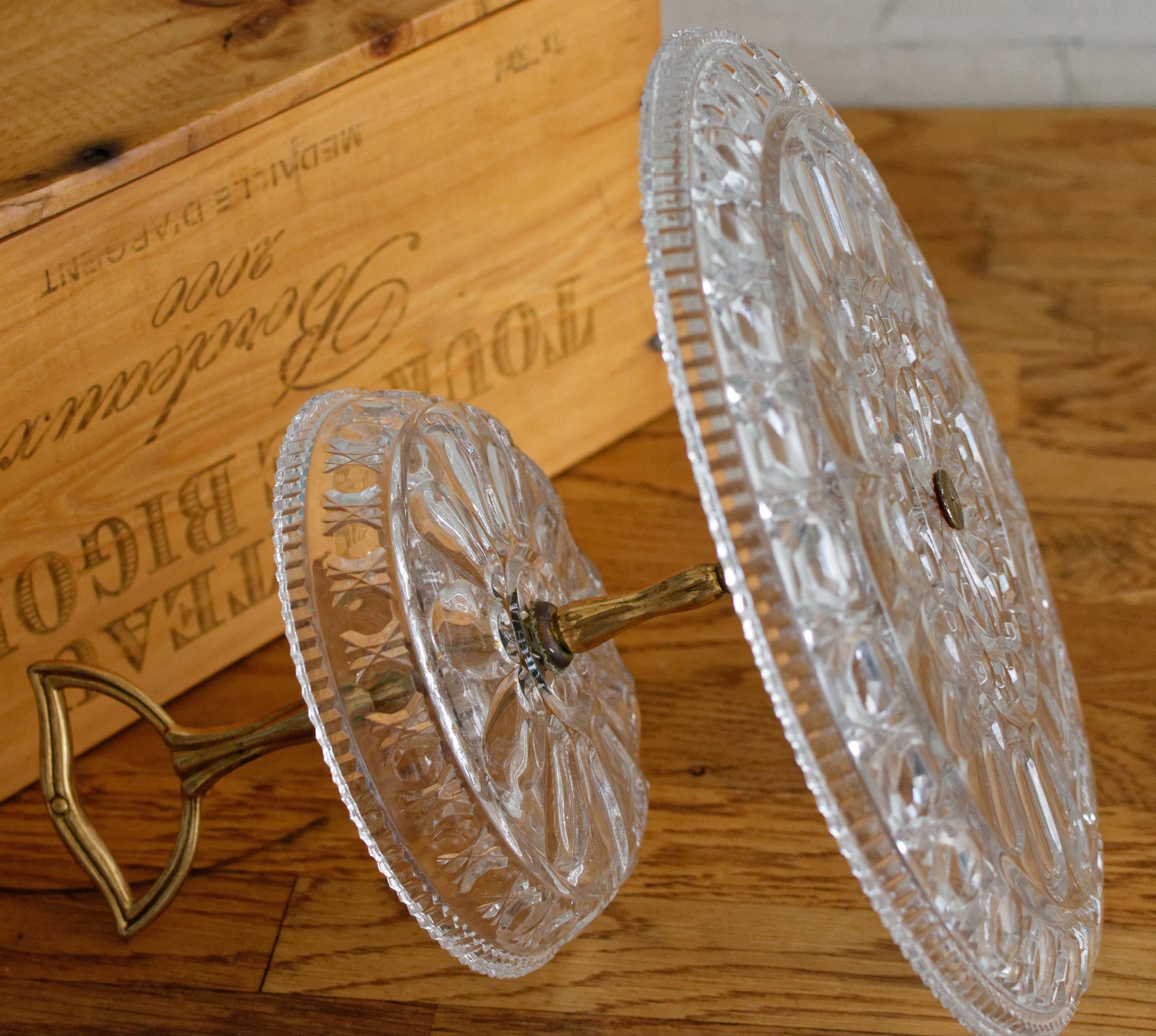 French Vintage Glass 2-Tier Serving Tray Etched Pressed Glass Display Tray for Appetizers (Hors D'Oeuvres)