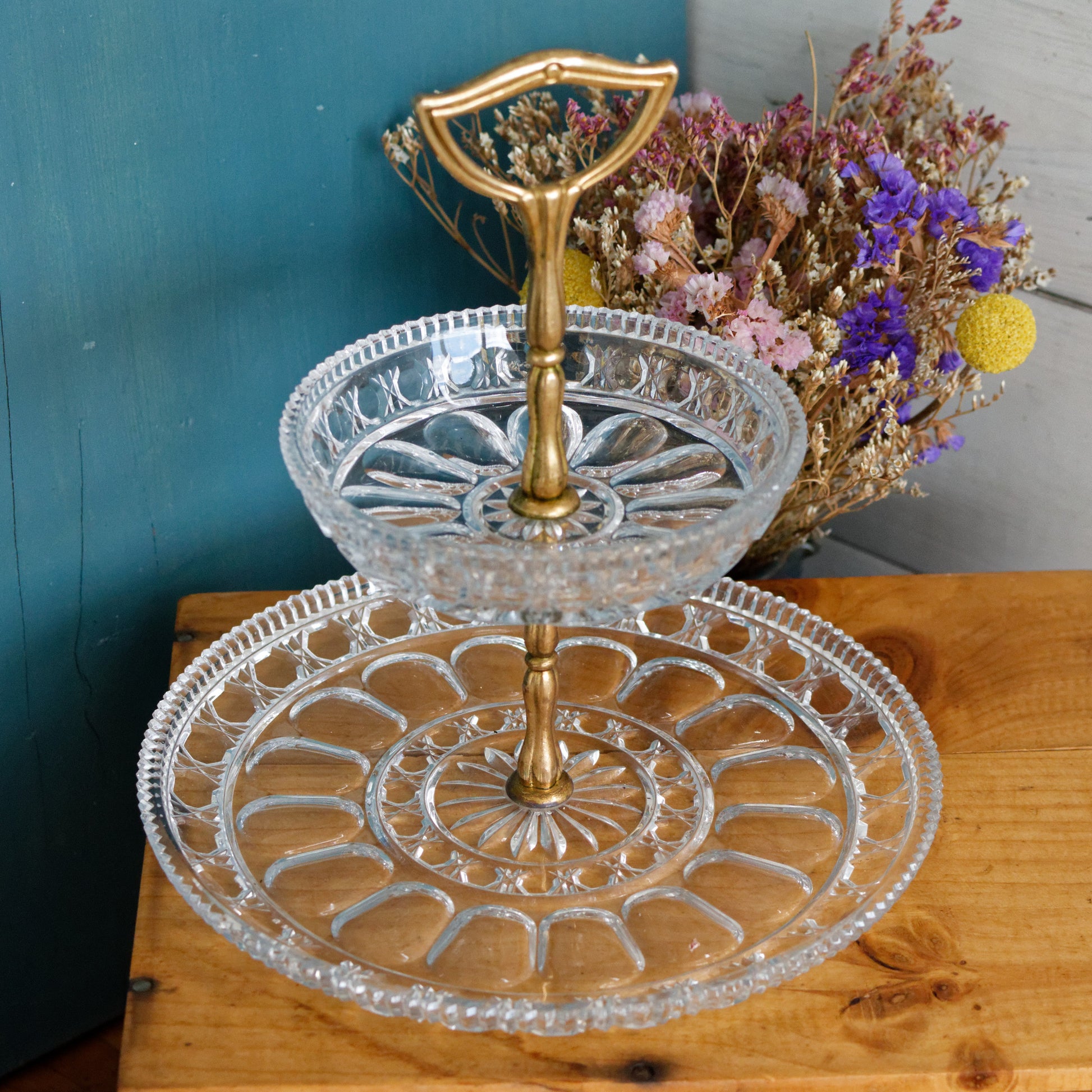French Vintage Glass 2-Tier Serving Tray Etched Pressed Glass Display Tray for Appetizers (Hors D'Oeuvres)