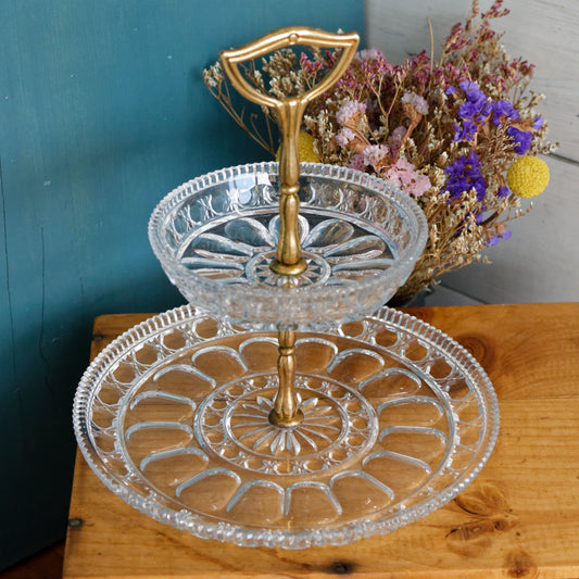 French Vintage Glass 2-Tier Serving Tray Etched Pressed Glass Display Tray for Appetizers (Hors D'Oeuvres)