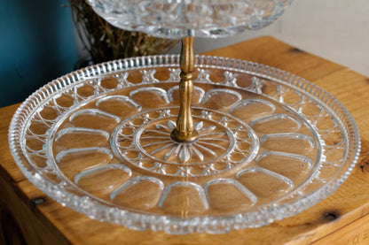 French Vintage Glass 2-Tier Serving Tray Etched Pressed Glass Display Tray for Appetizers (Hors D'Oeuvres)