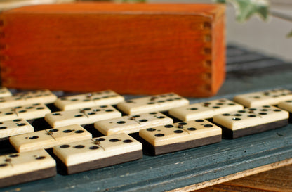 French Antique Dominoes Set ~ Complete 28 Piece Game Ancien Jeux Bone Ivory & Ebony in Woodend Dovetailed Box