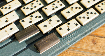 French Antique Dominoes Set ~ Complete 28 Piece Game Ancien Jeux Bone Ivory & Ebony in Woodend Dovetailed Box