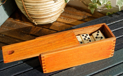 French Antique Dominoes Set ~ Complete 28 Piece Game Ancien Jeux Bone Ivory & Ebony in Woodend Dovetailed Box