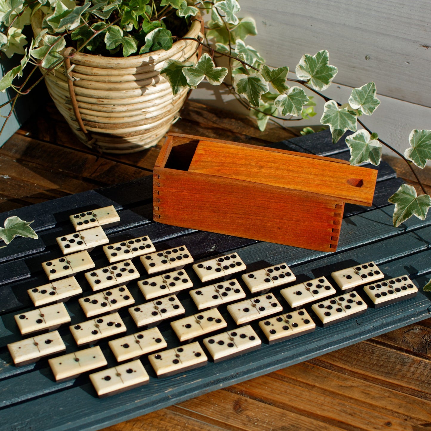 French Antique Dominoes Set ~ Complete 28 Piece Game Ancien Jeux Bone Ivory & Ebony in Woodend Dovetailed Box