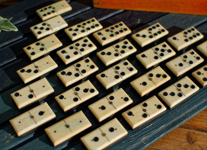 French Antique Dominoes Set ~ Complete 28 Piece Game Ancien Jeux Bone Ivory & Ebony in Woodend Dovetailed Box