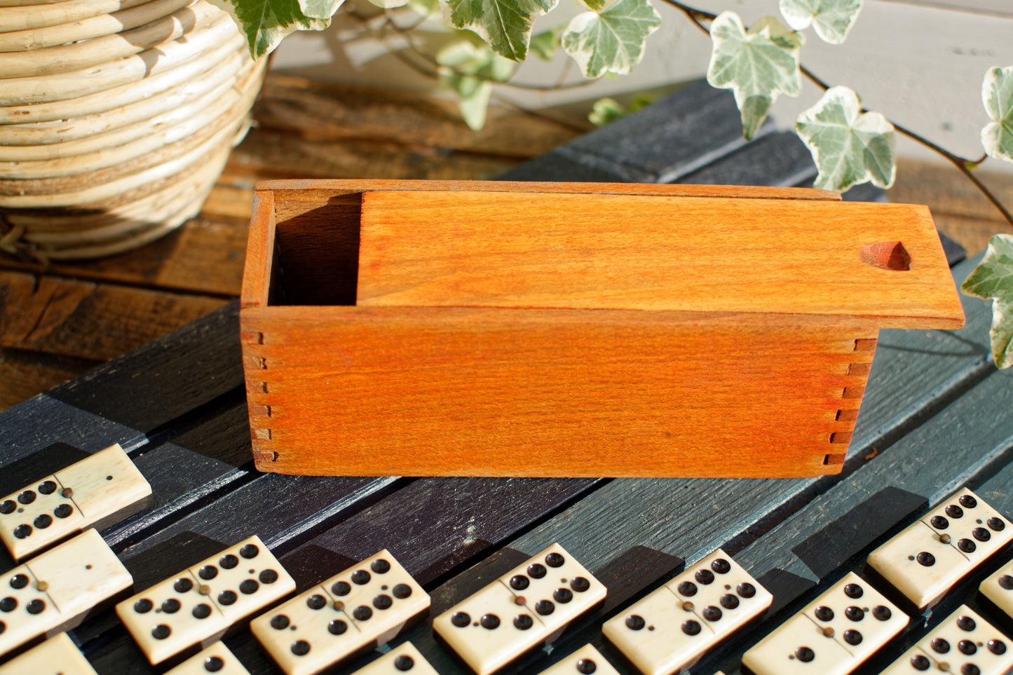French Antique Dominoes Set ~ Complete 28 Piece Game Ancien Jeux Bone Ivory & Ebony in Woodend Dovetailed Box