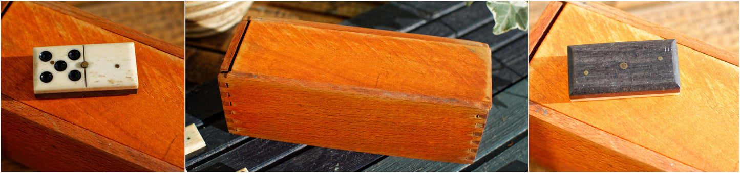 French Antique Dominoes Set ~ Complete 28 Piece Game "Jeux" ~ Bone Ivory & Ebony in Woodend Dovetailed Box