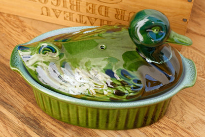 Duck Shaped" Pate Dish ~ French Vintage Oval Foie Gras Lidded Terrine Pot ~ Casserole Barbotine Majolica Stoneware for Pate ~ Made in France