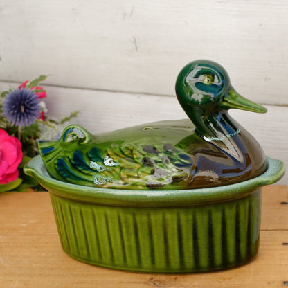 Duck Shaped" Pate Dish ~ French Vintage Oval Foie Gras Lidded Terrine Pot ~ Casserole Barbotine Majolica Stoneware for Pate ~ Made in France