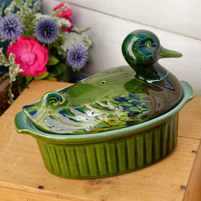 Duck Shaped" Pate Dish ~ French Vintage Oval Foie Gras Lidded Terrine Pot ~ Casserole Barbotine Majolica Stoneware for Pate ~ Made in France