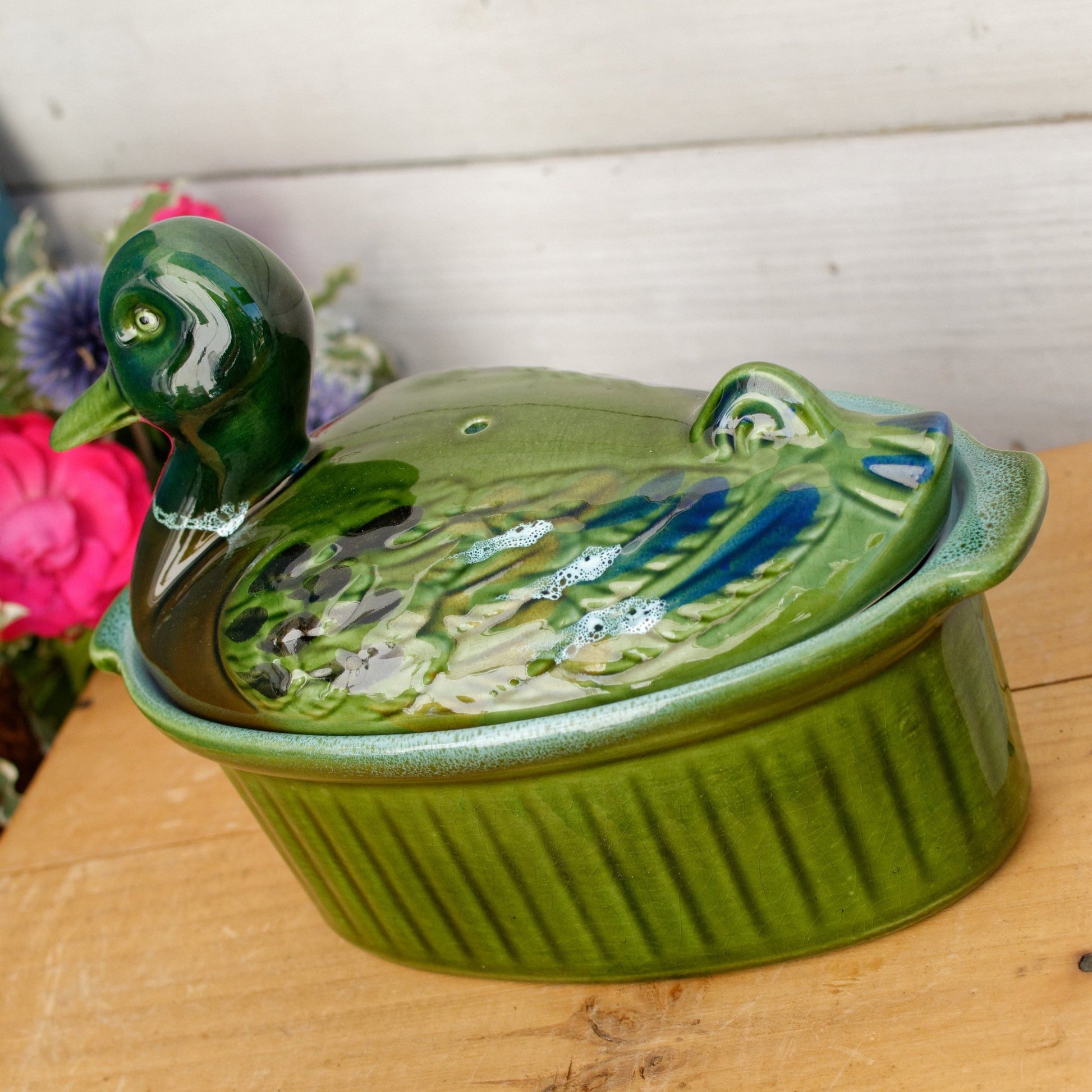 Duck Shaped" Pate Dish ~ French Vintage Oval Foie Gras Lidded Terrine Pot ~ Casserole Barbotine Majolica Stoneware for Pate ~ Made in France