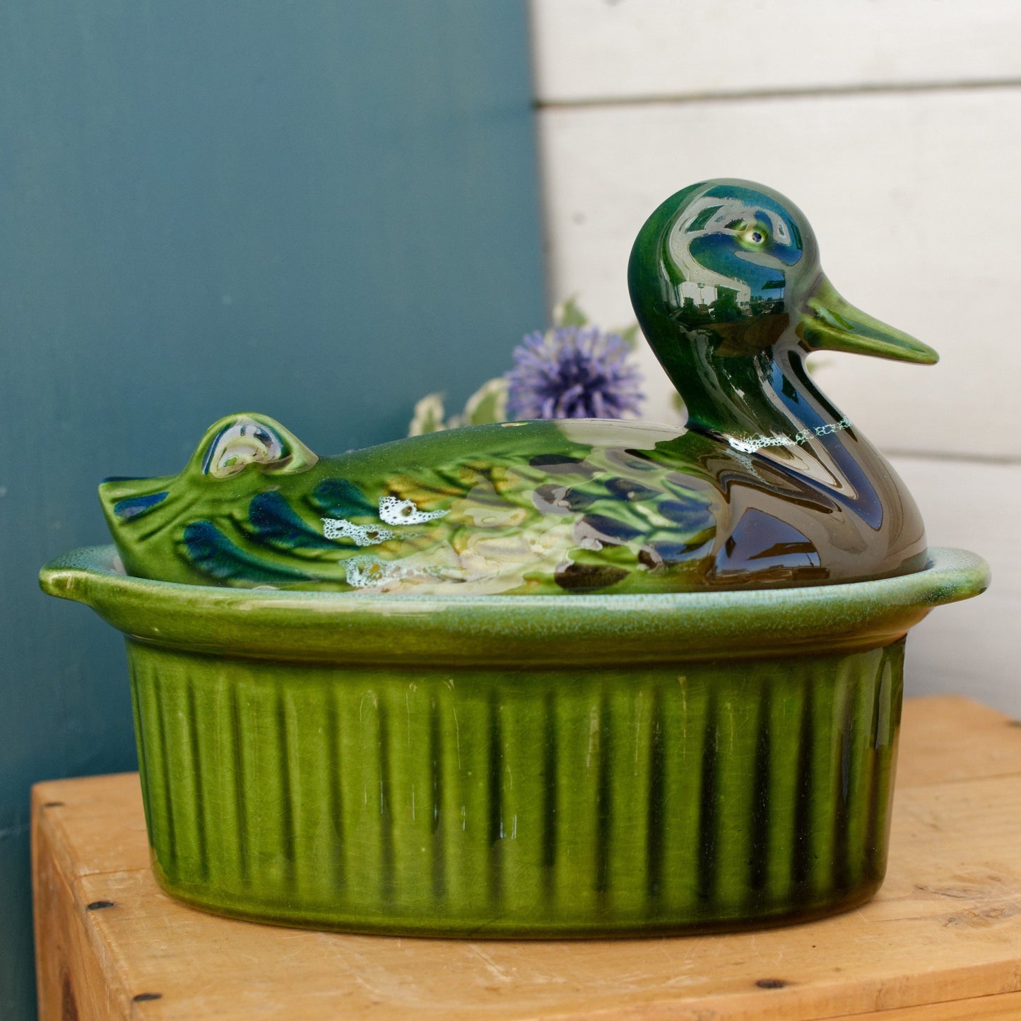 Duck Shaped" Pate Dish ~ French Vintage Oval Foie Gras Lidded Terrine Pot ~ Casserole Barbotine Majolica Stoneware for Pate ~ Made in France