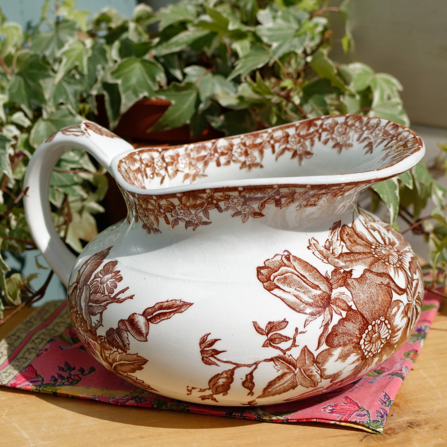 1890s ~ "EGLANTINE" Medailles D'Or Faiencerie de GIEN ~ French Antique Collectible Ironstone Brown Transferware Bathroom Set ~ Pitcher "BROC" & Basin "CUVETTE" ~ Terre de fer